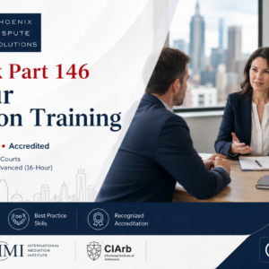 Promotional banner for New York Part 146 40‑Hour Mediation Training showing three professionals in a meeting with a city skyline background and logos at left.